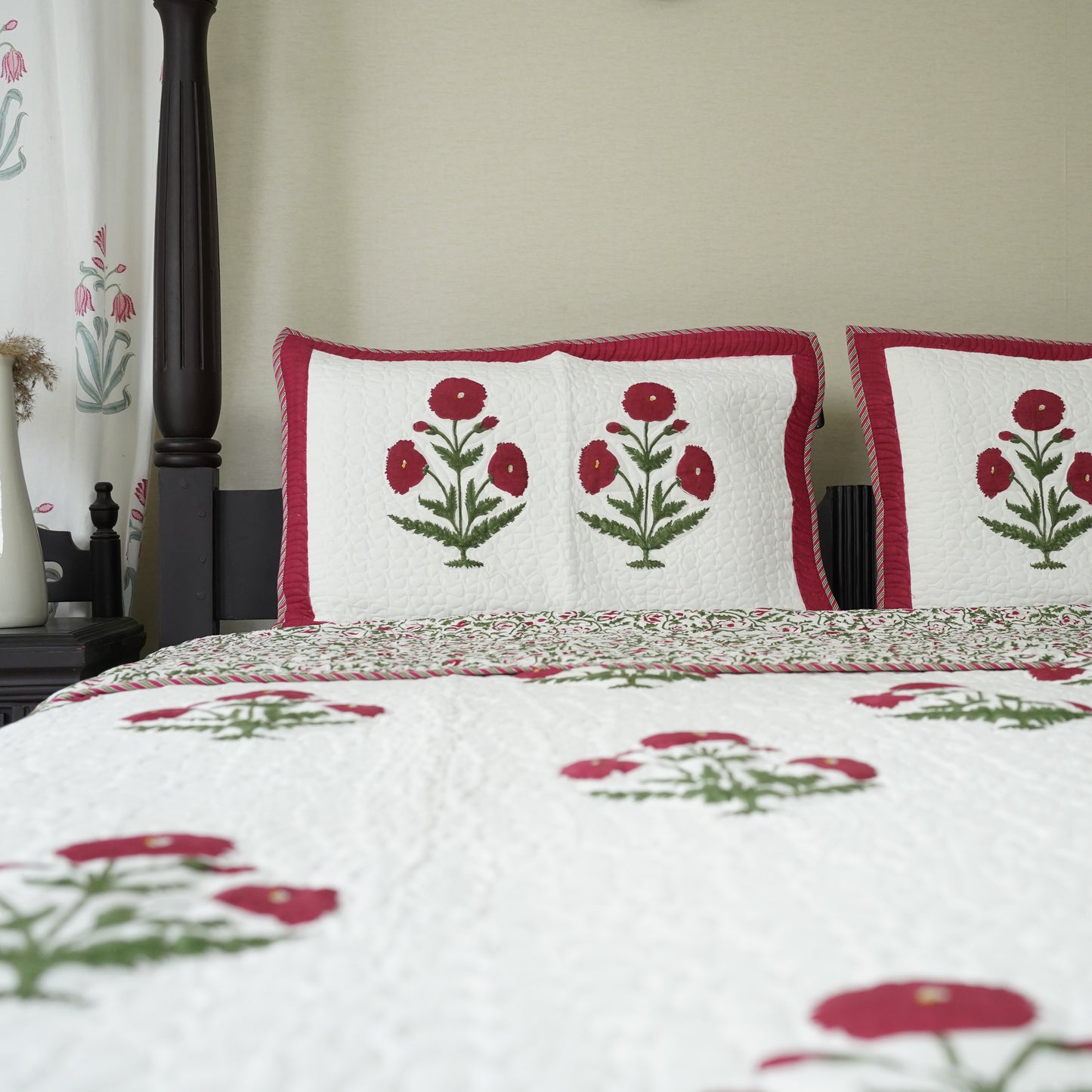 Red Flora Hand Block Printed Quilted Bedspread