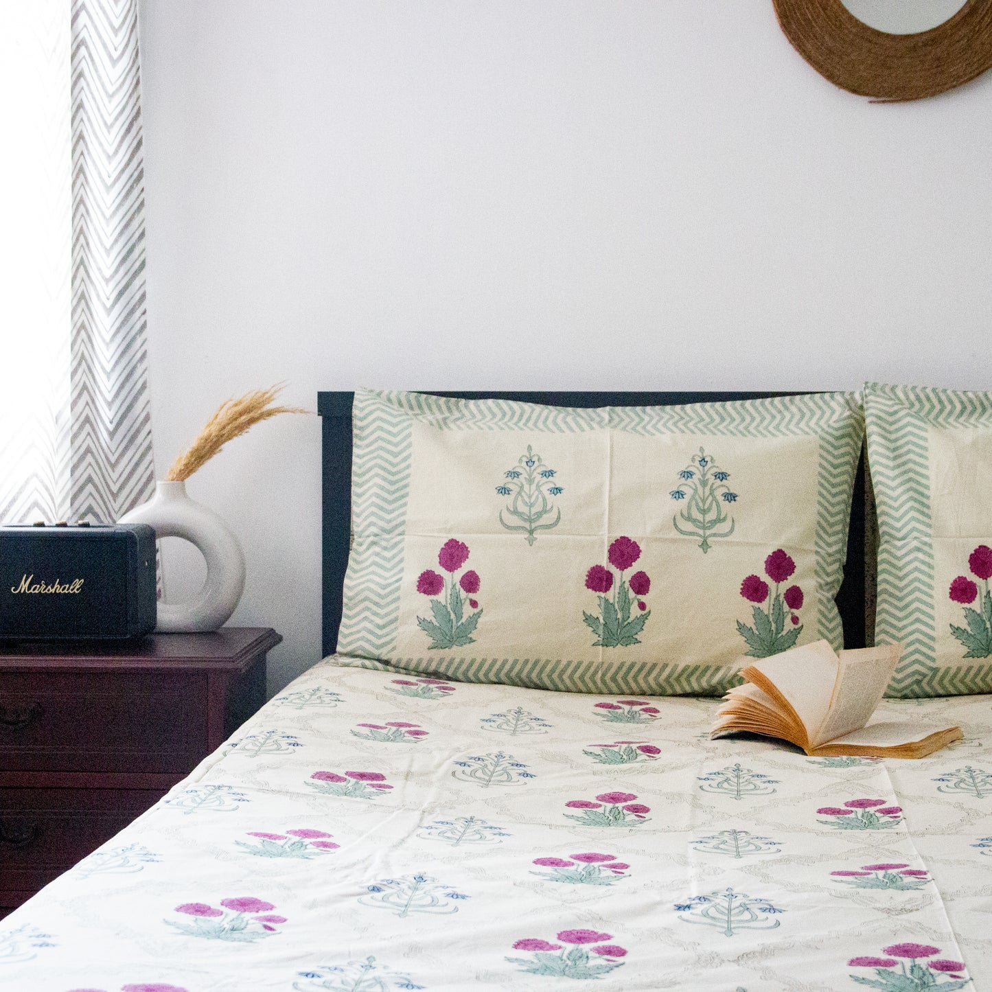 Wine Camellia Hand Block Printed Beige Bed Sheet