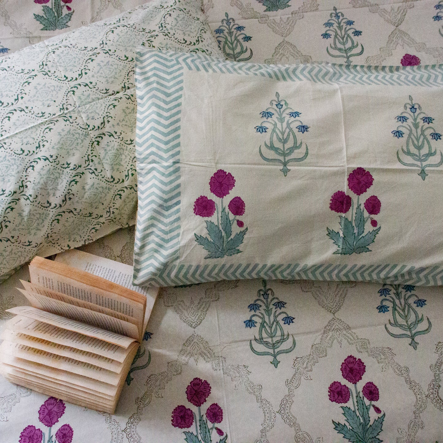 Wine Camellia Hand Block Printed Beige Bed Sheet