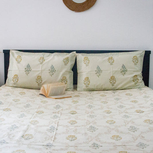 Springtime Serenity Handblock Print Bedsheet