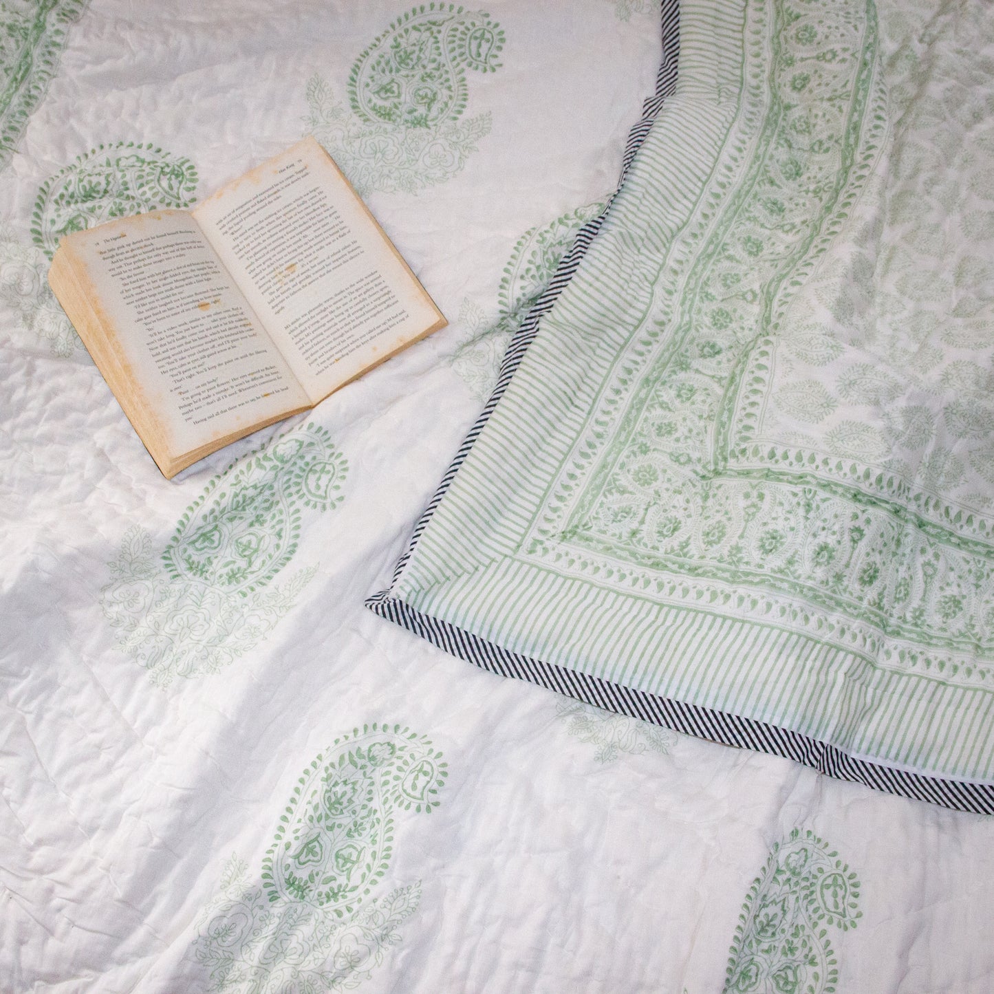 Canopy Green Hand Block Printed Reversible Quilts