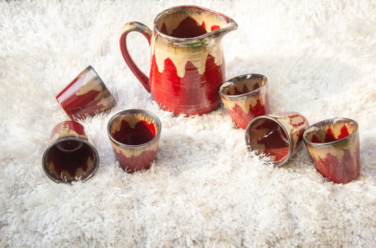 Crimson Red Ceramic Jug and Glasses Set