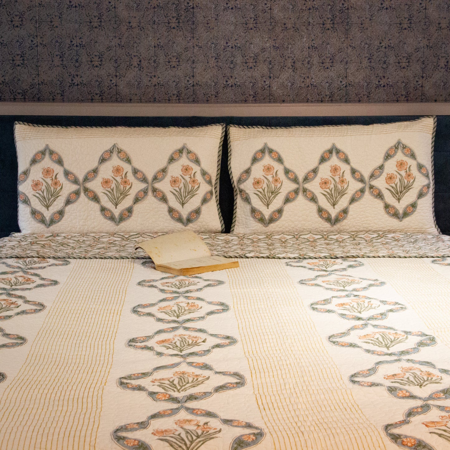 Chrysanthemum Hand Block Printed Quilted Bed Covers