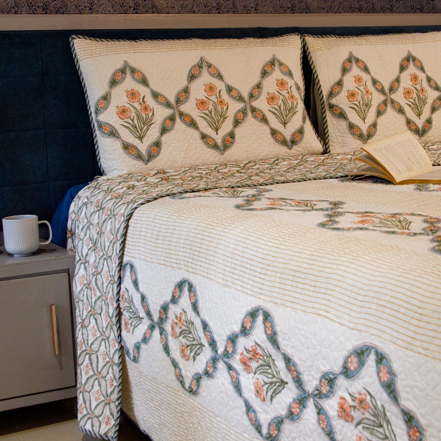 Chrysanthemum Hand Block Printed Quilted Bed Covers