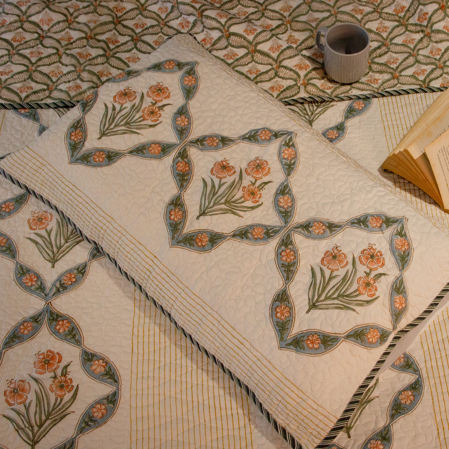 Chrysanthemum Hand Block Printed Quilted Bed Covers