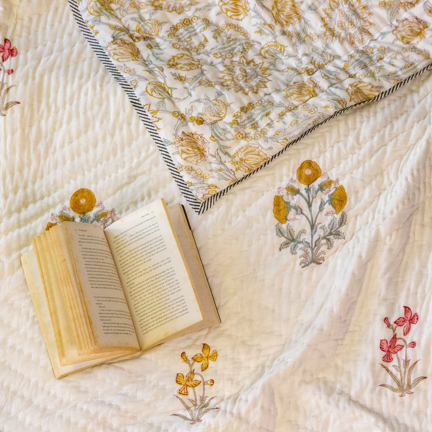 Golden Autumn Hand Block printed Reversible Quilt