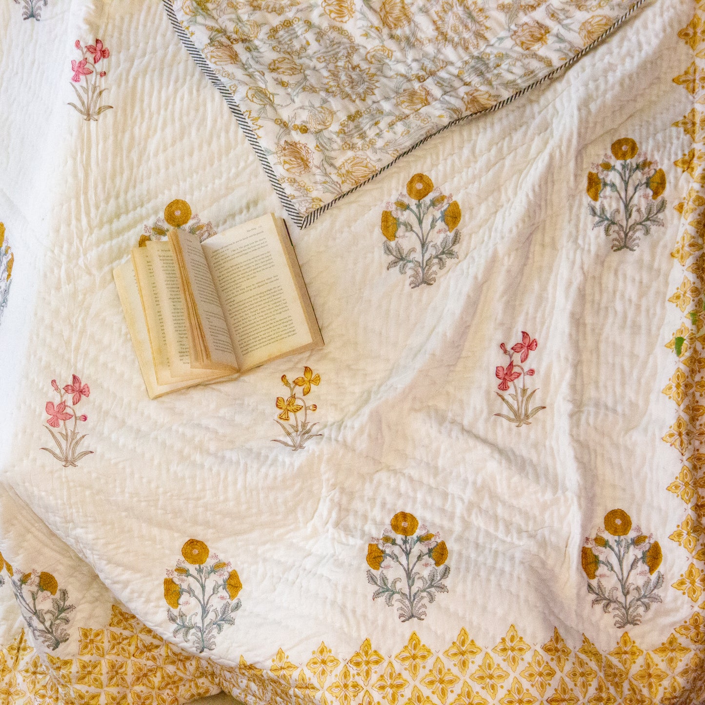 Golden Autumn Hand Block printed Reversible Quilt