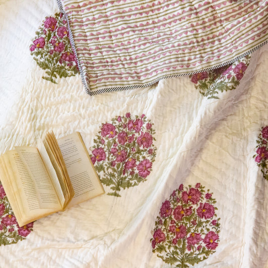 Petunia Hand Block Printed Reversible Quilt