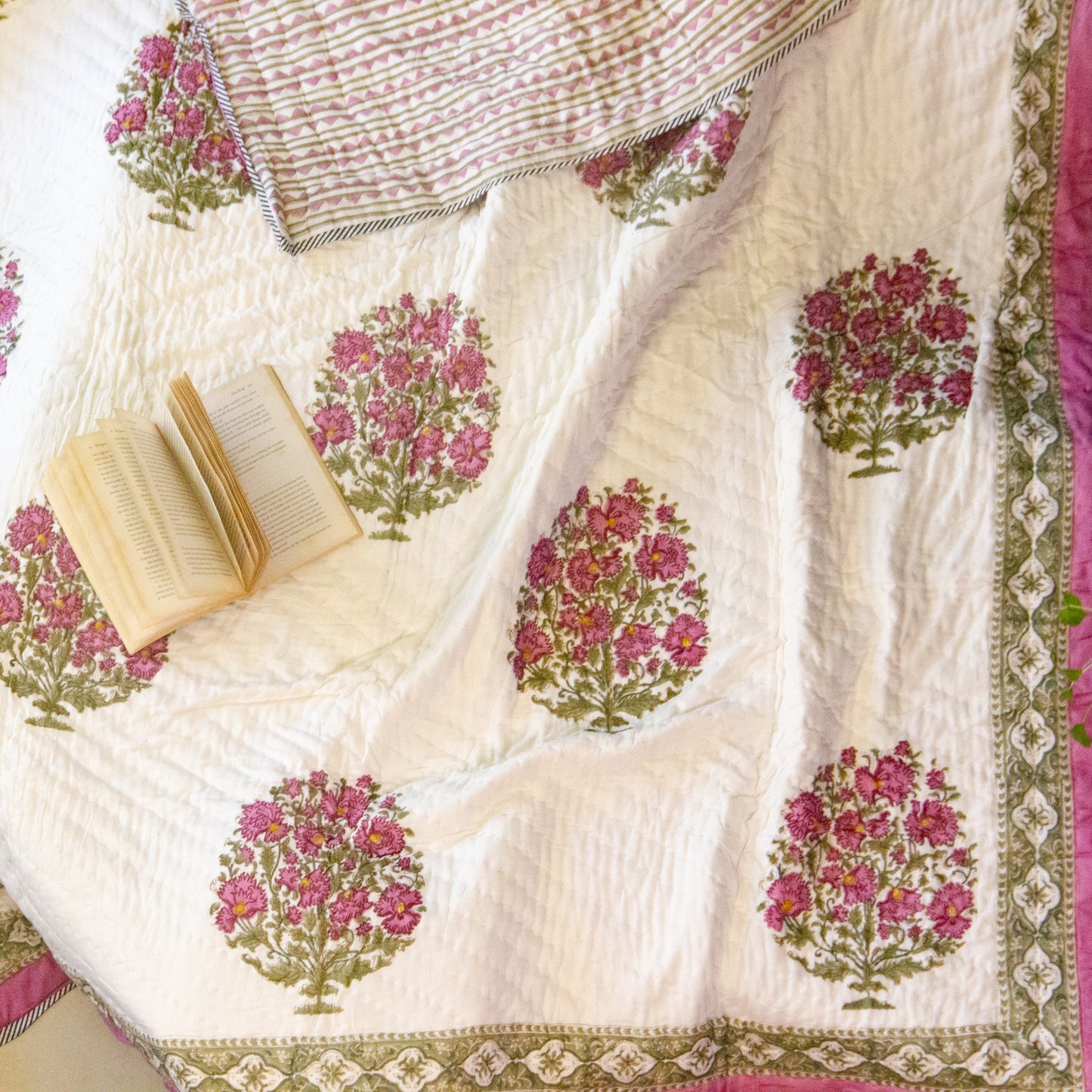 Petunia Hand Block Printed Reversible Quilt