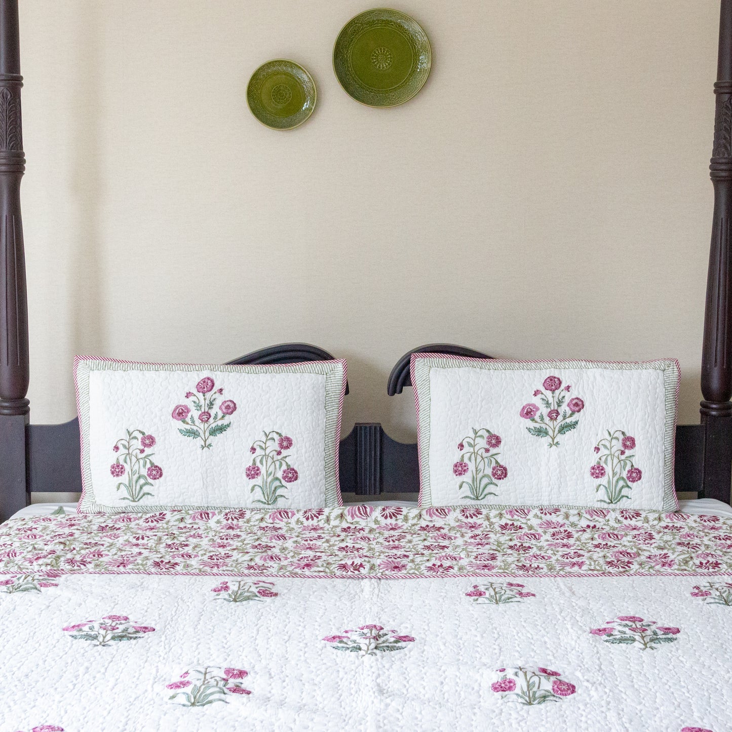 Hibiscus Hand Block Printed Quilted Bedspread