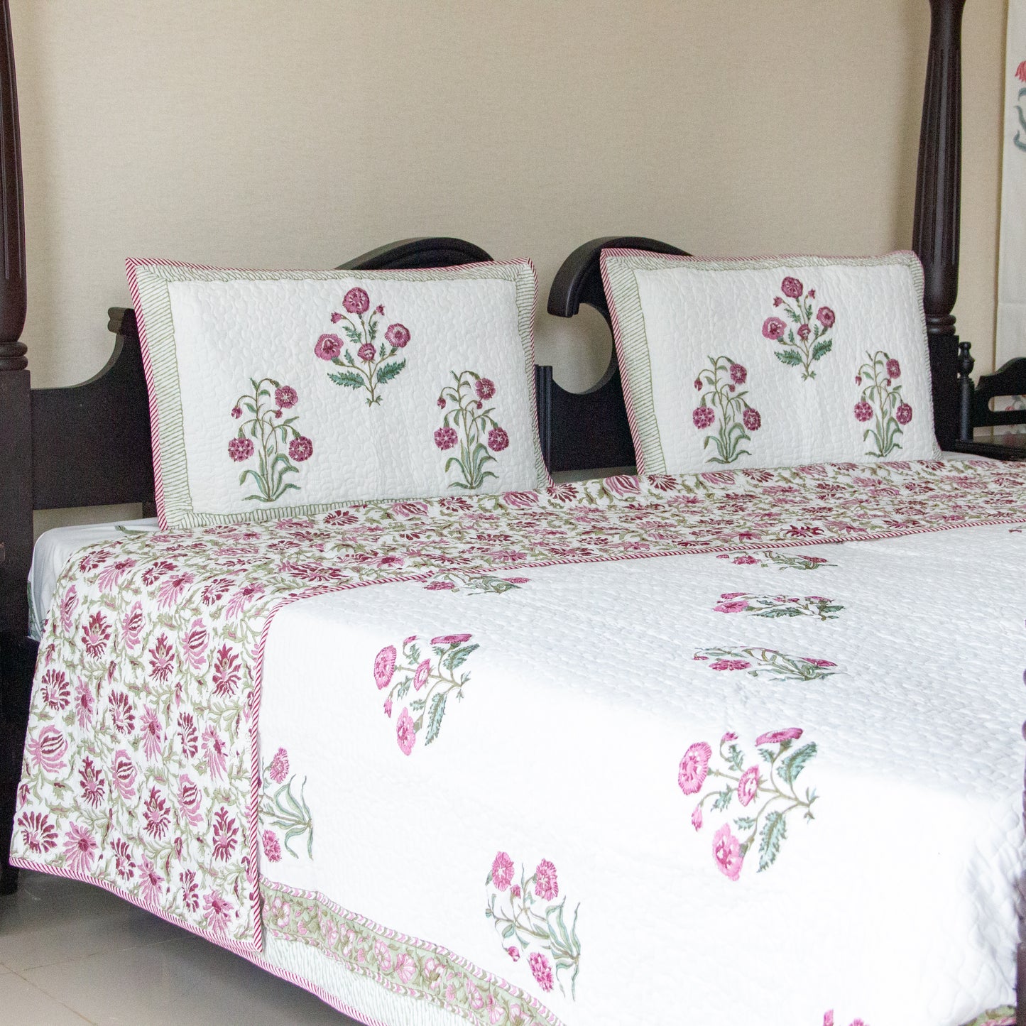 Hibiscus Hand Block Printed Quilted Bedspread
