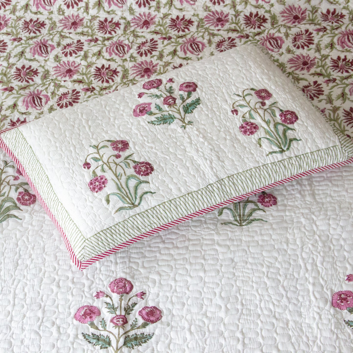 Hibiscus Hand Block Printed Quilted Bedspread
