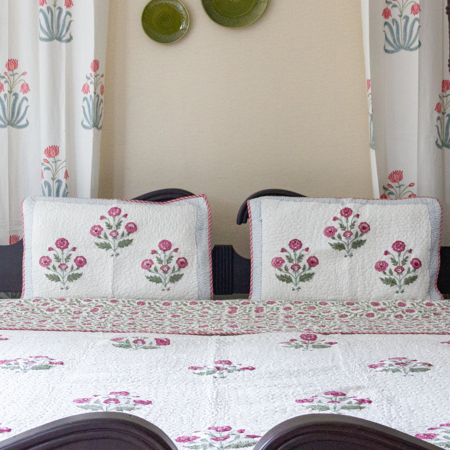 Pink Floris Hand Block Printed Quilted Bedspread
