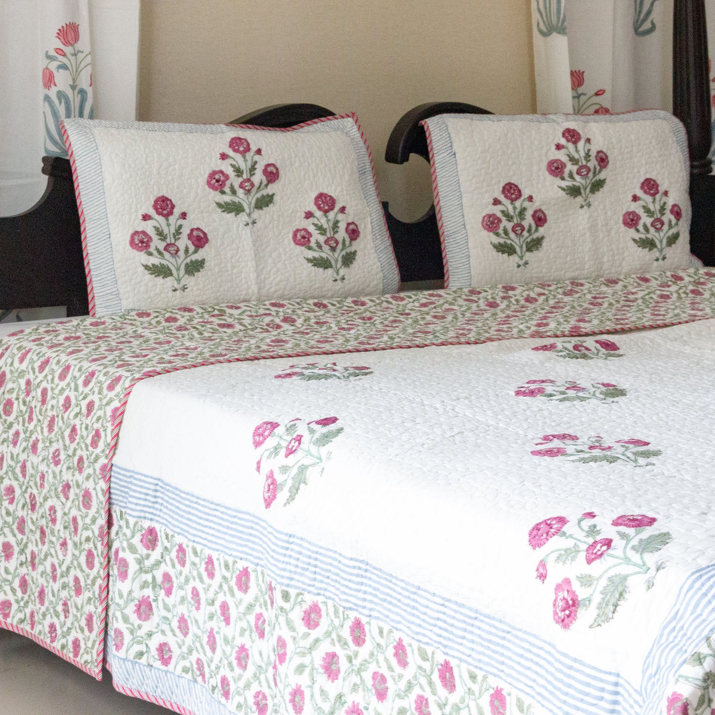 Pink Floris Hand Block Printed Quilted Bedspread