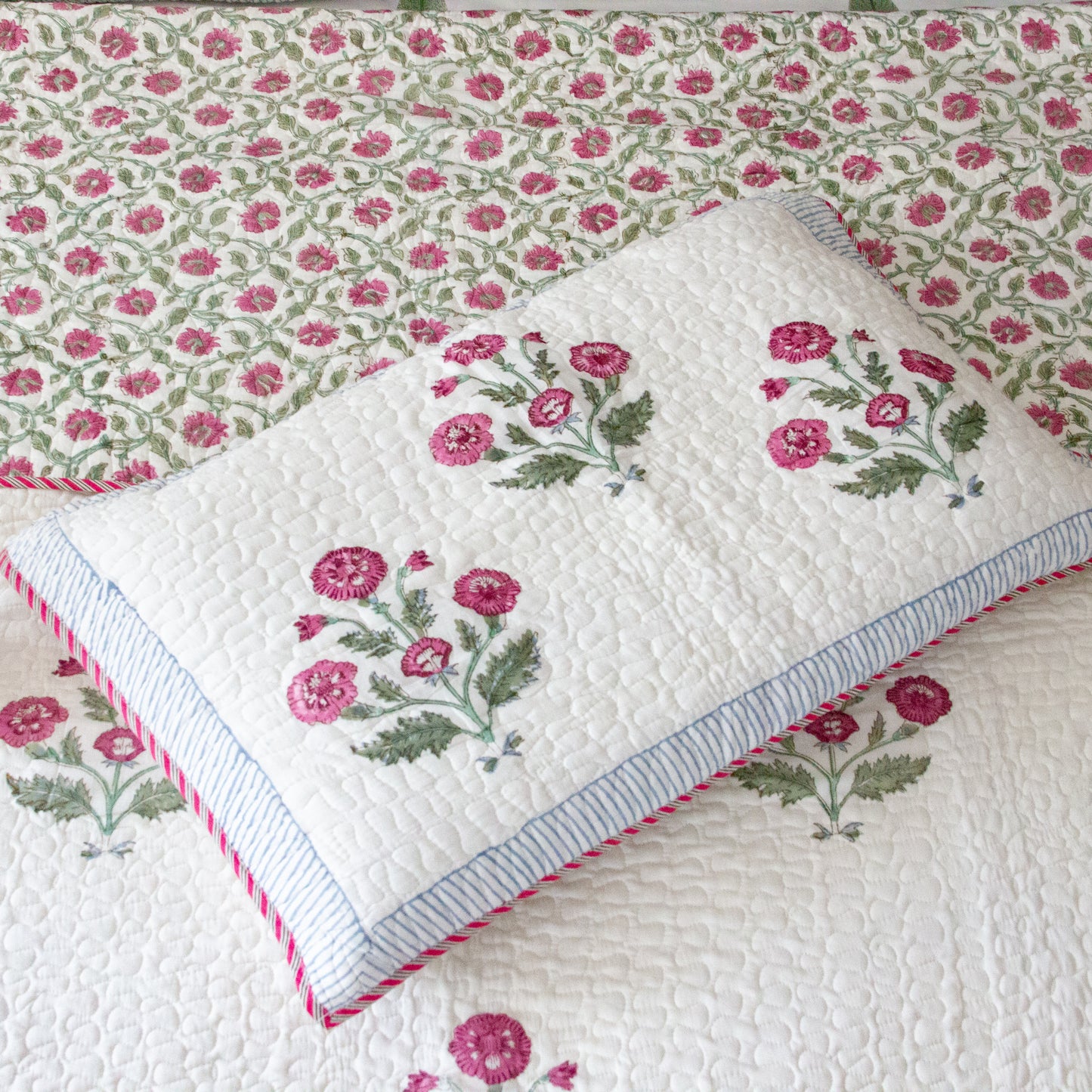 Pink Floris Hand Block Printed Quilted Bedspread
