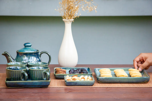 Forest Green Ceramic Tea Cup Set with Snack Platter
