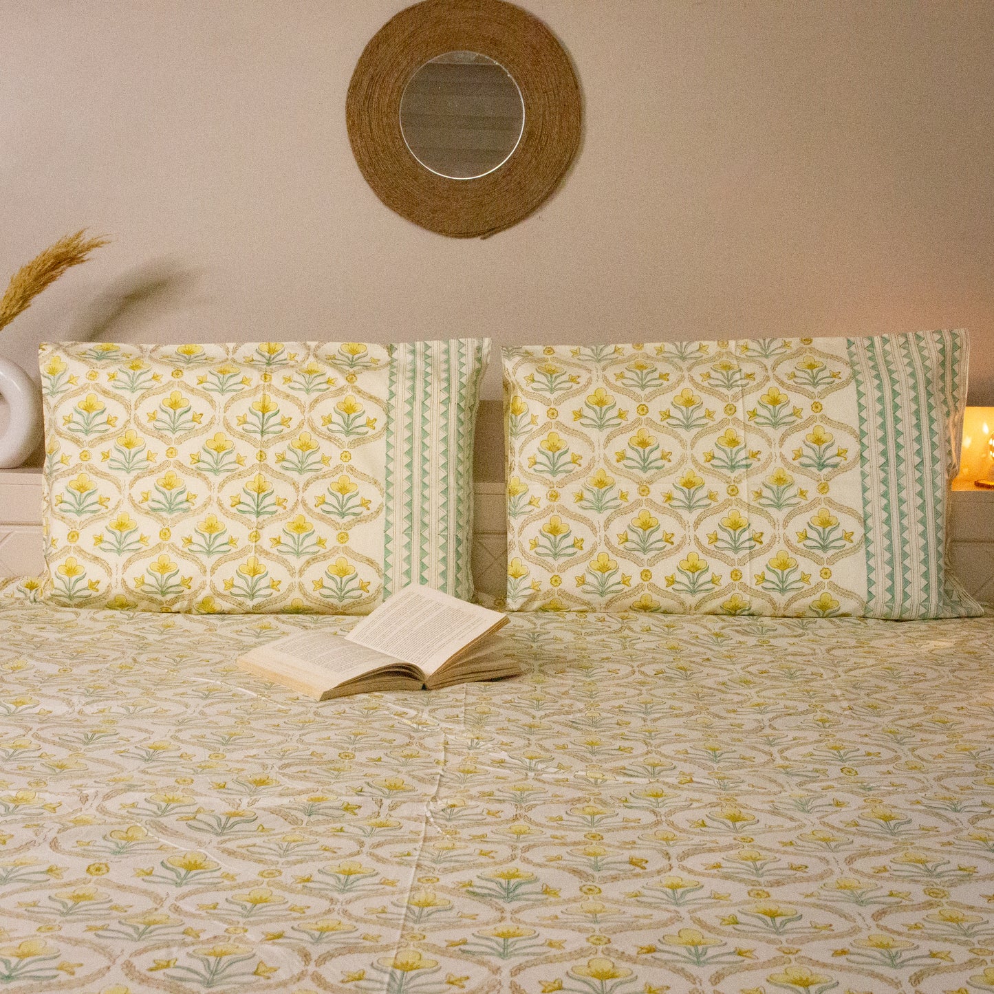 Daisy Hand Block Printed Beige Bed Sheet