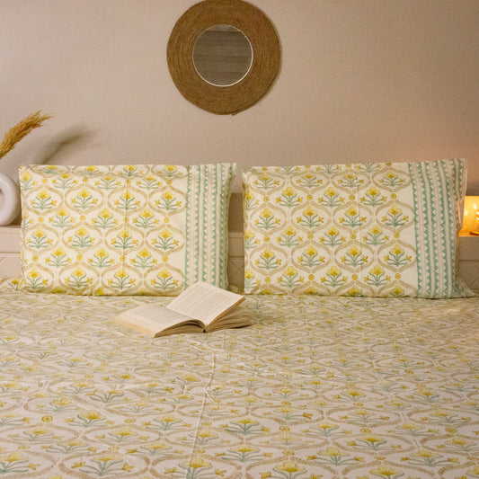 Daisy Hand Block Printed Beige Bed Sheet