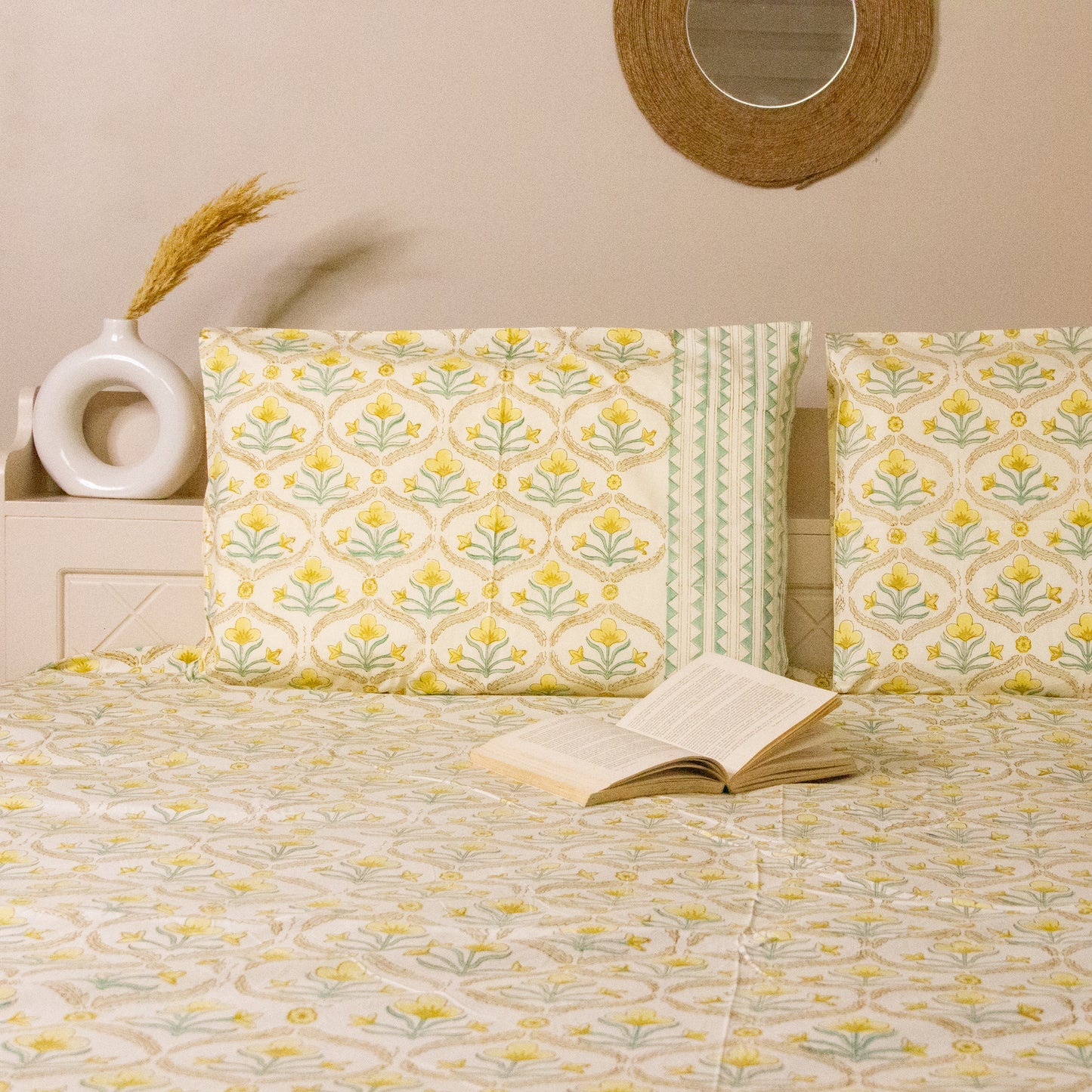 Daisy Hand Block Printed Beige Bed Sheet