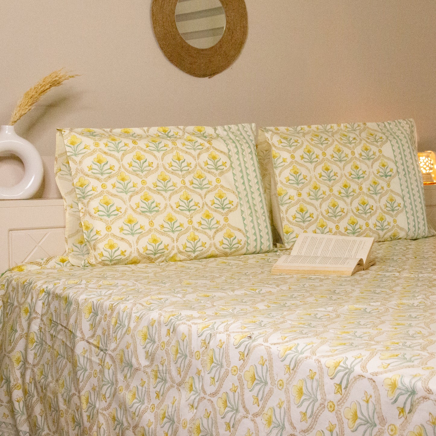 Daisy Hand Block Printed Beige Bed Sheet