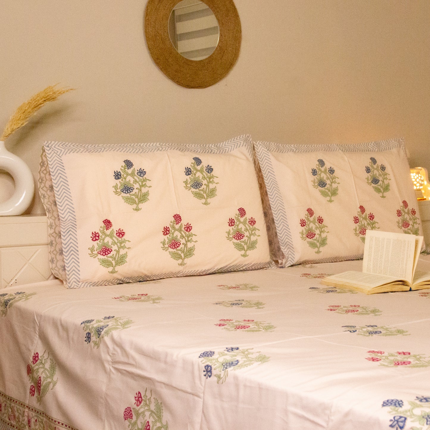 Azure Blossom Hand Block Printed Pink Base Bed Sheet