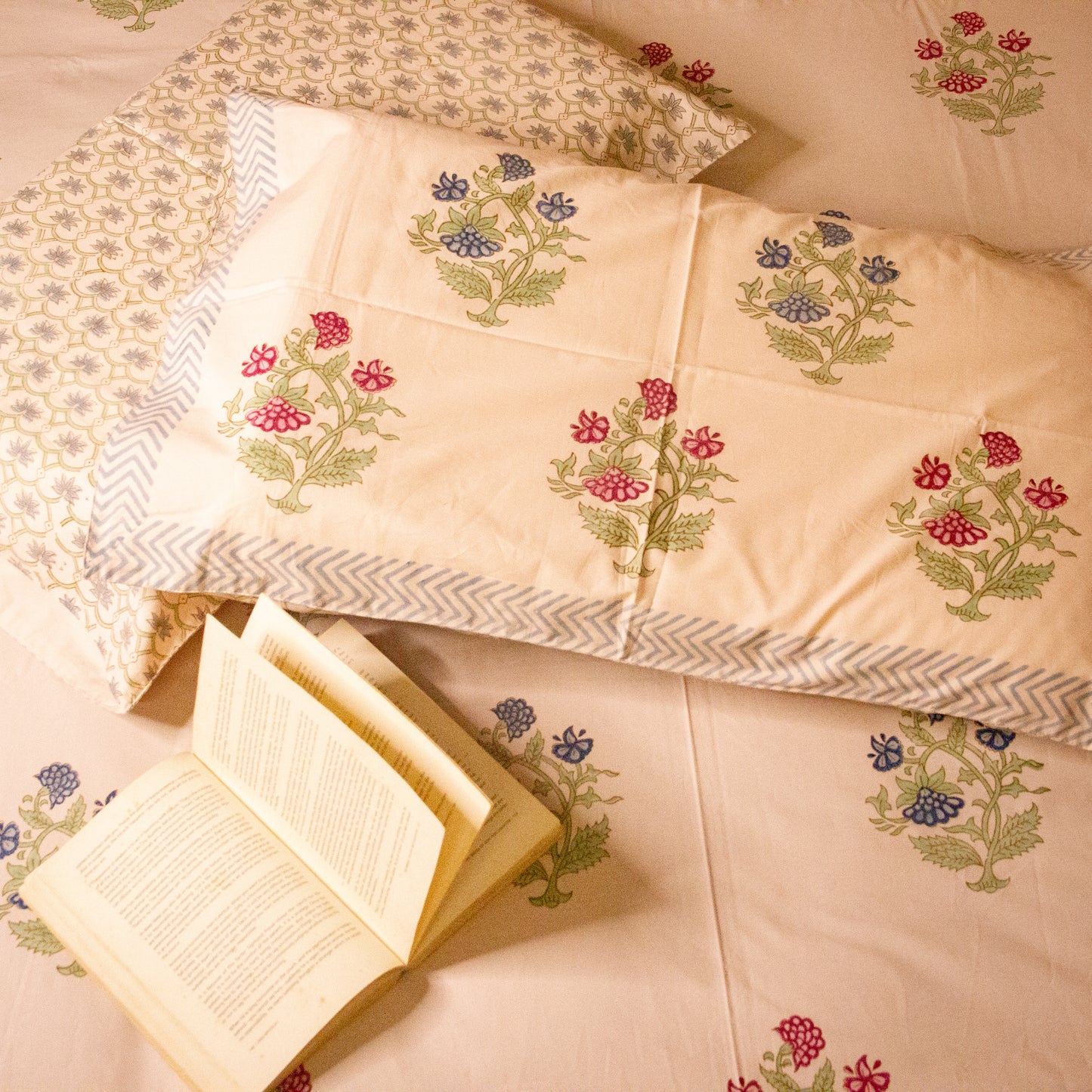 Azure Blossom Hand Block Printed Pink Base Bed Sheet