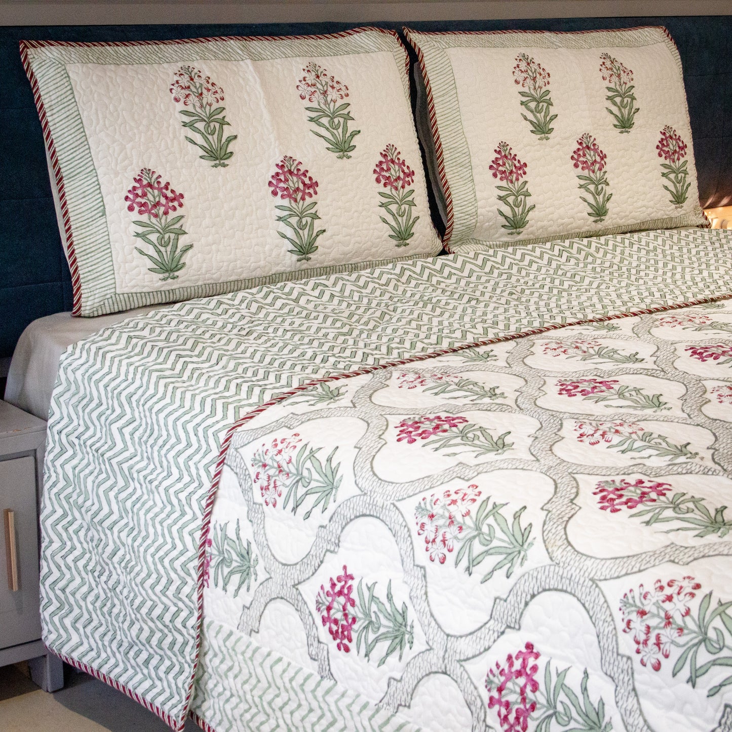Begonia Hand block Printed & Quilted Bedcover