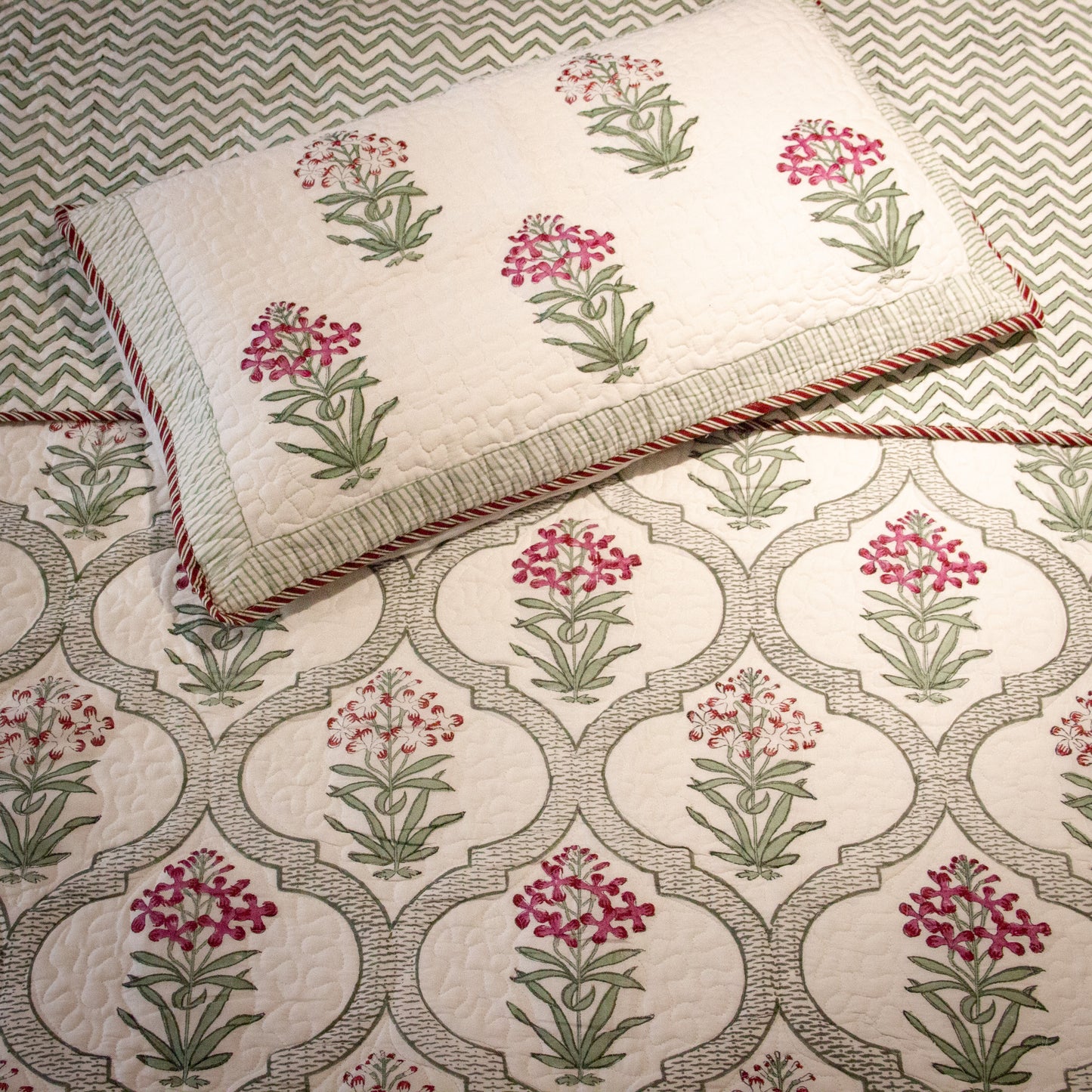 Begonia Hand block Printed & Quilted Bedcover