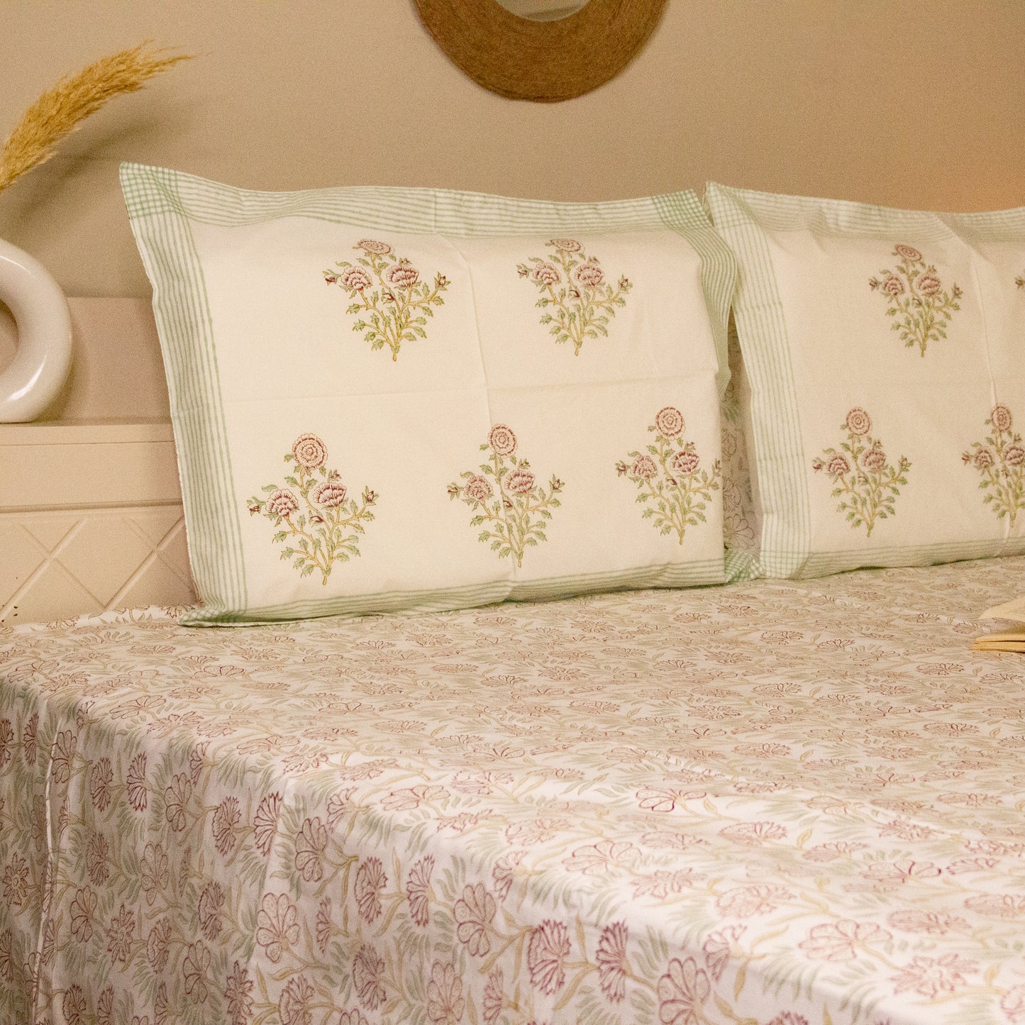 Dahlia White Hand block printed Bed Sheets