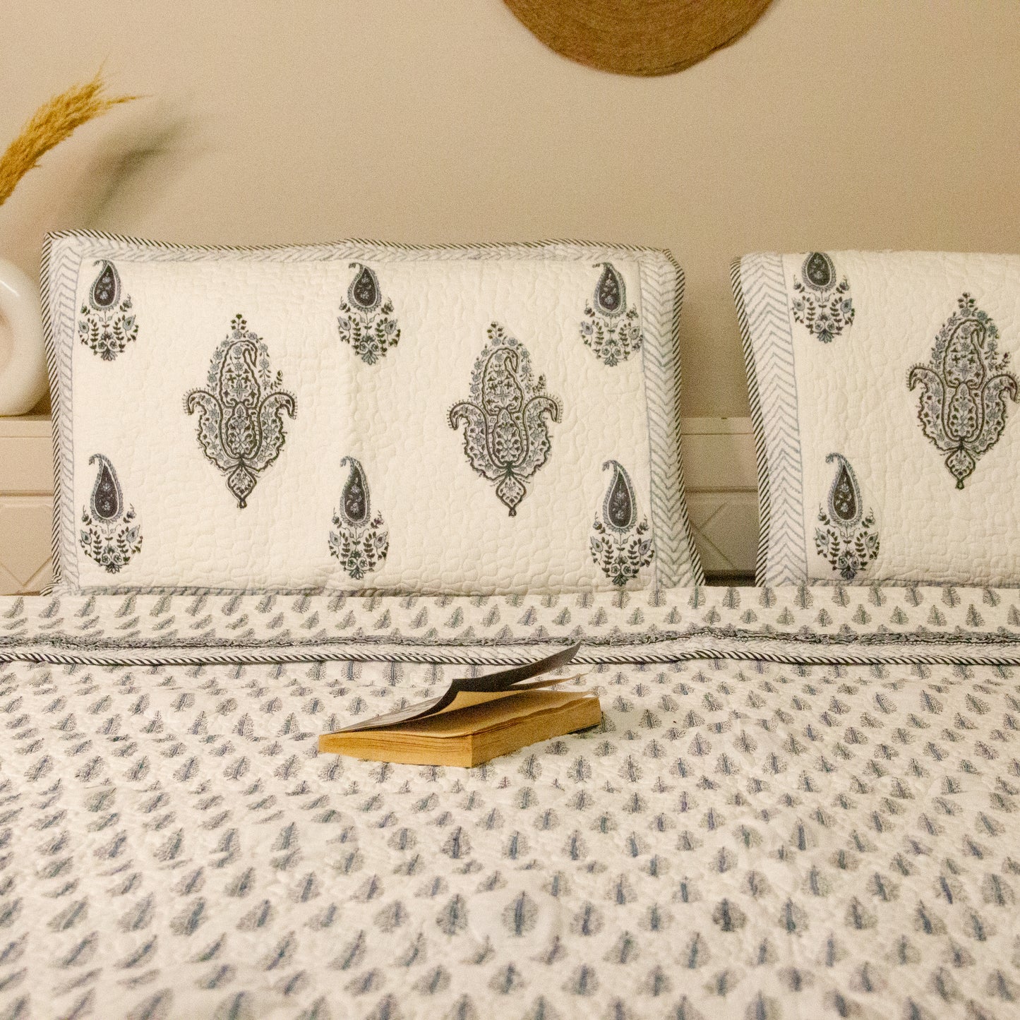 Ash Hand Block Printed Quilted Bed Cover
