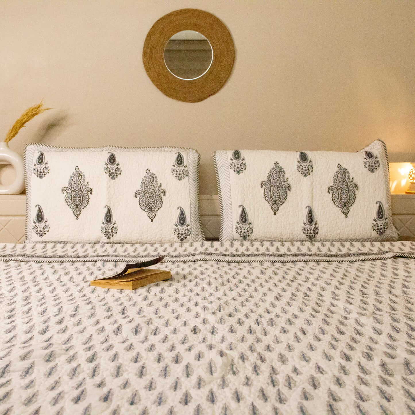 Ash Hand Block Printed Quilted Bed Cover