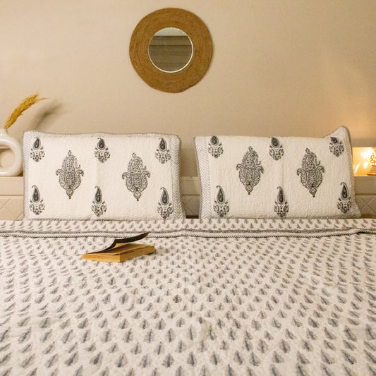 Ash Hand Block Printed Quilted Bed Cover