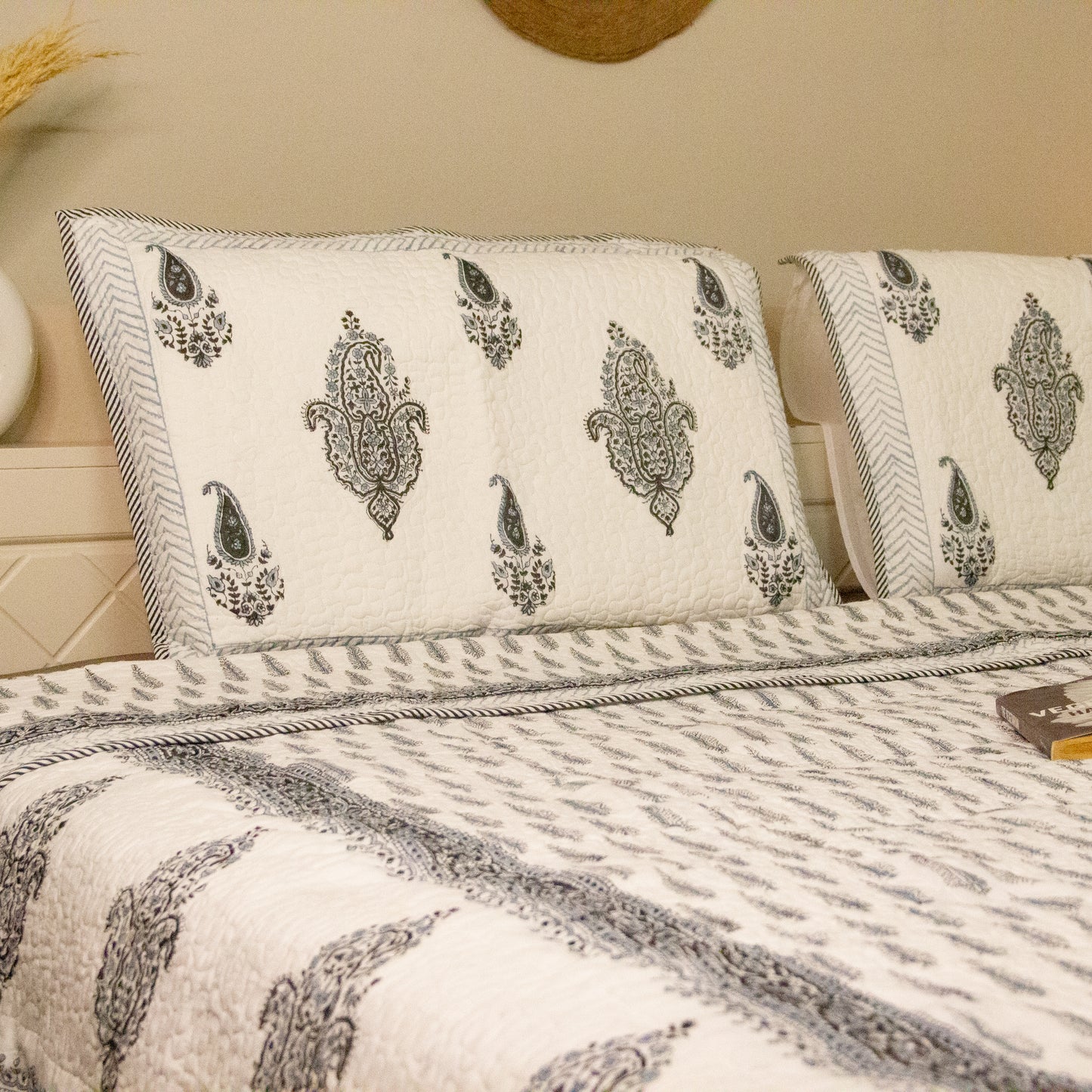 Ash Hand Block Printed Quilted Bed Cover