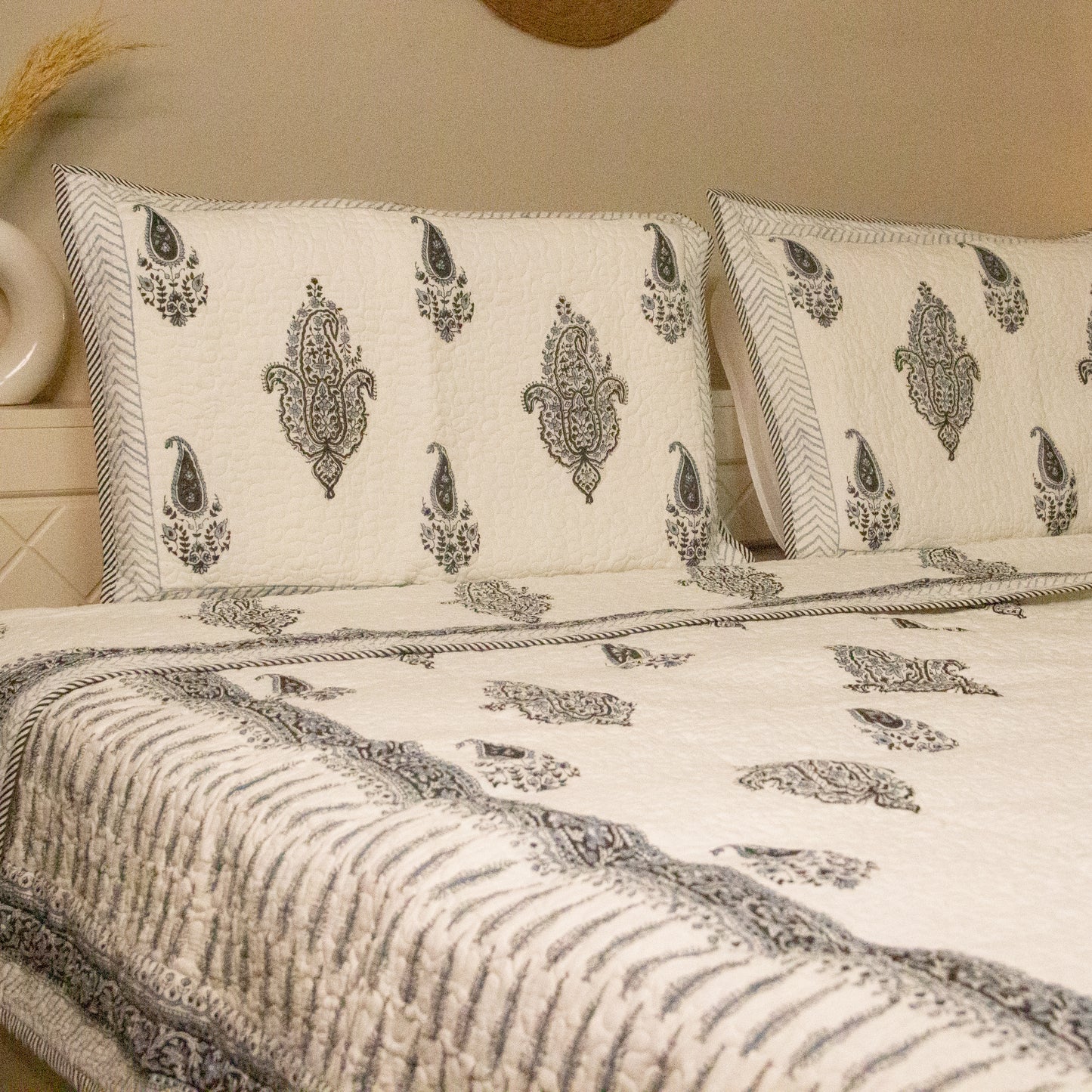 Ash Hand Block Printed Quilted Bed Cover