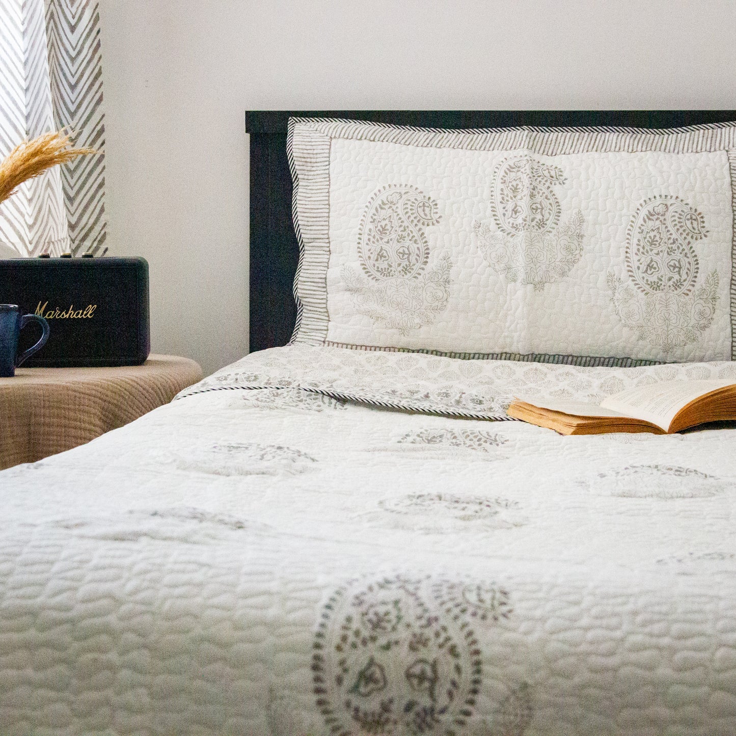 Canopy Grey Hand Block Printed Quilted Bed Cover