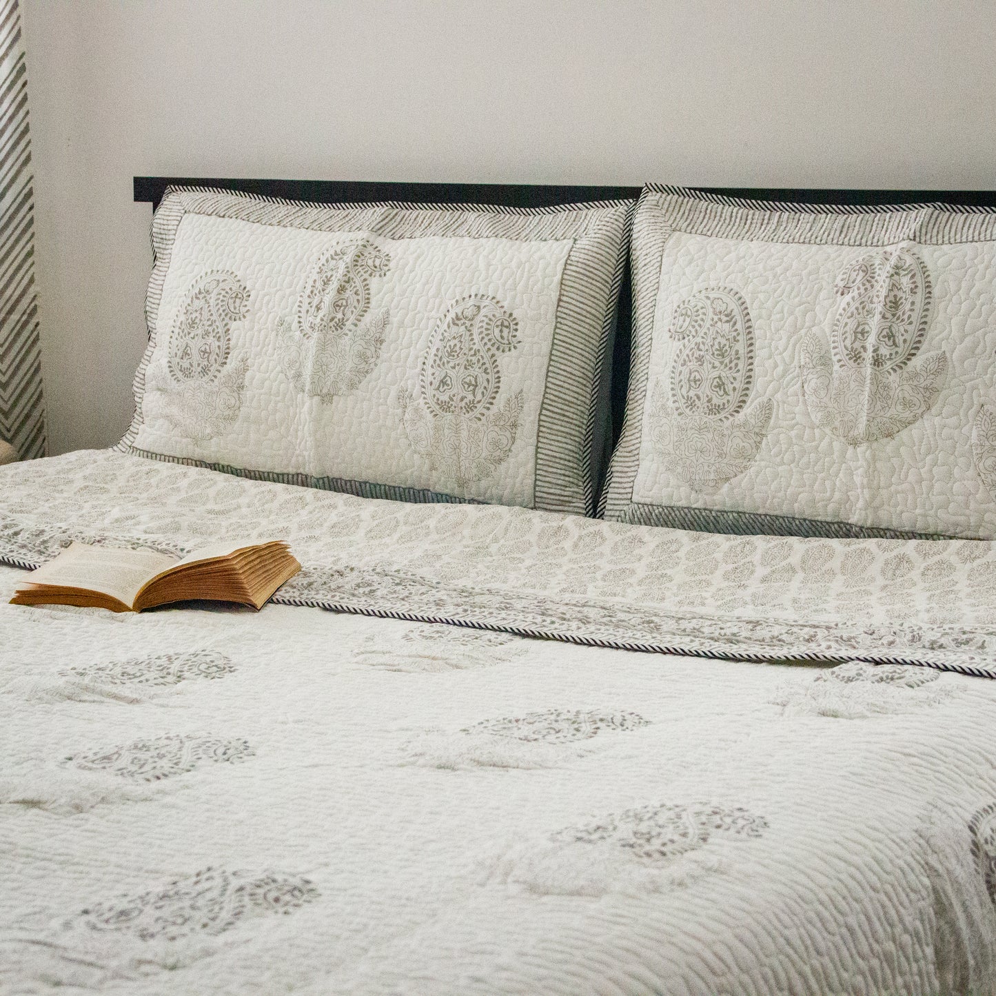 Canopy Grey Hand Block Printed Quilted Bed Cover