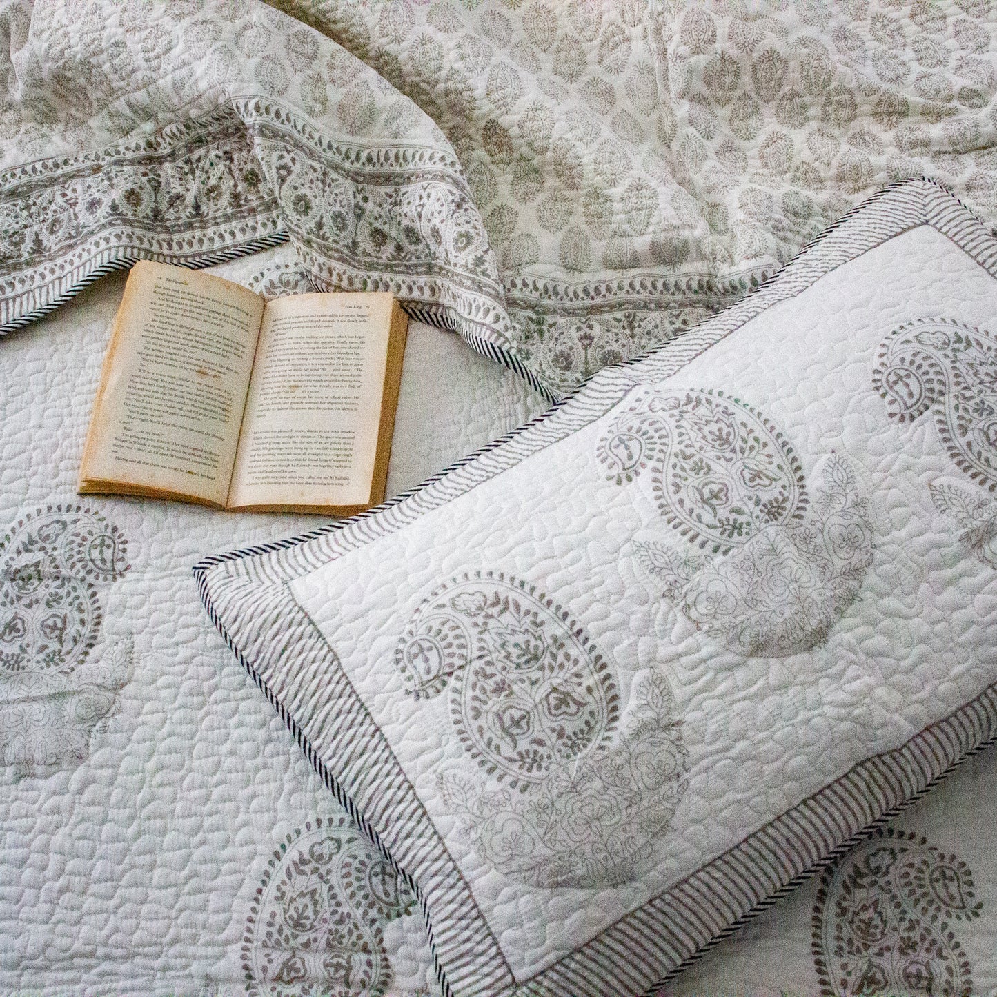 Canopy Grey Hand Block Printed Quilted Bed Cover