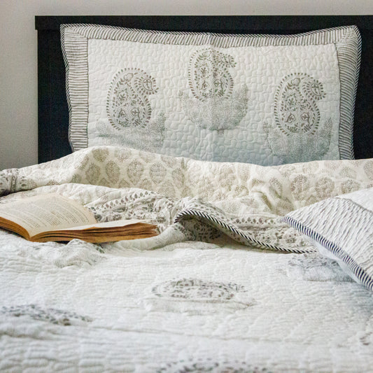 Canopy Grey Hand Block Printed Quilted Bed Cover