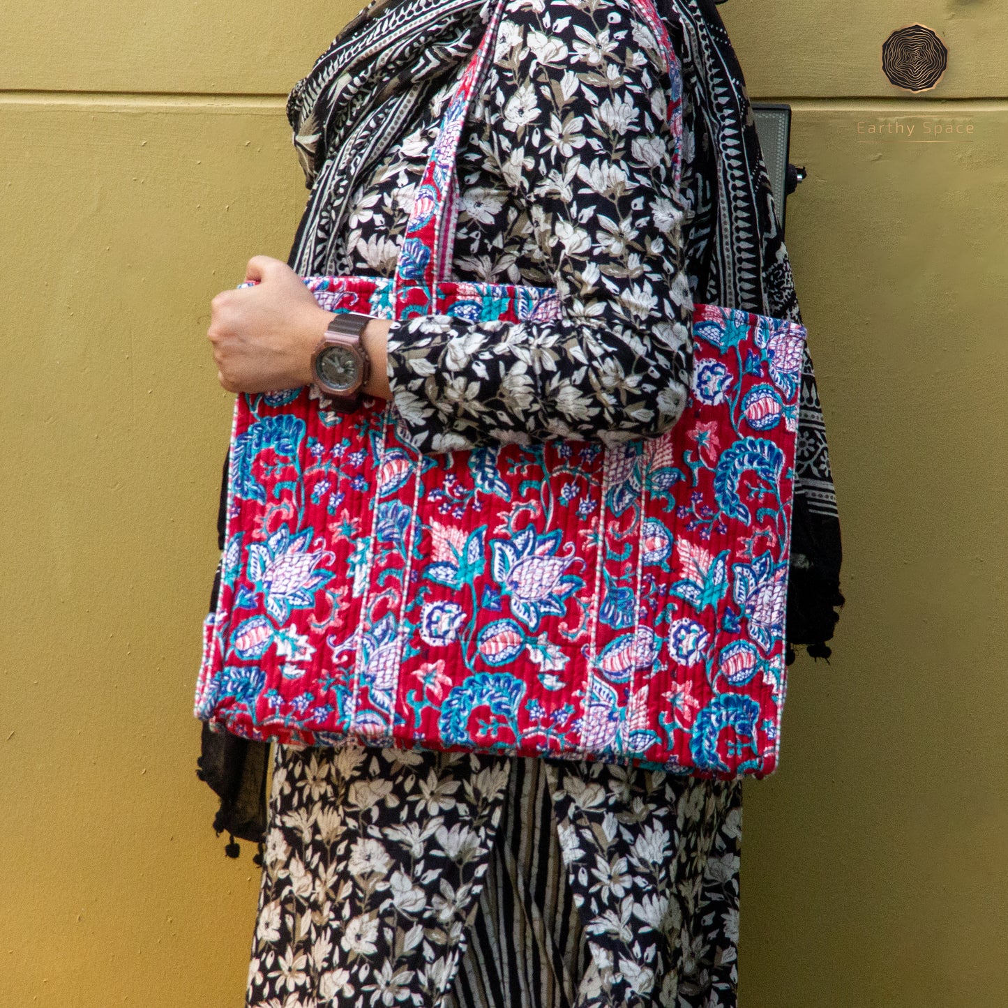 Red Dahlia - Hand block Printed Tote Bag