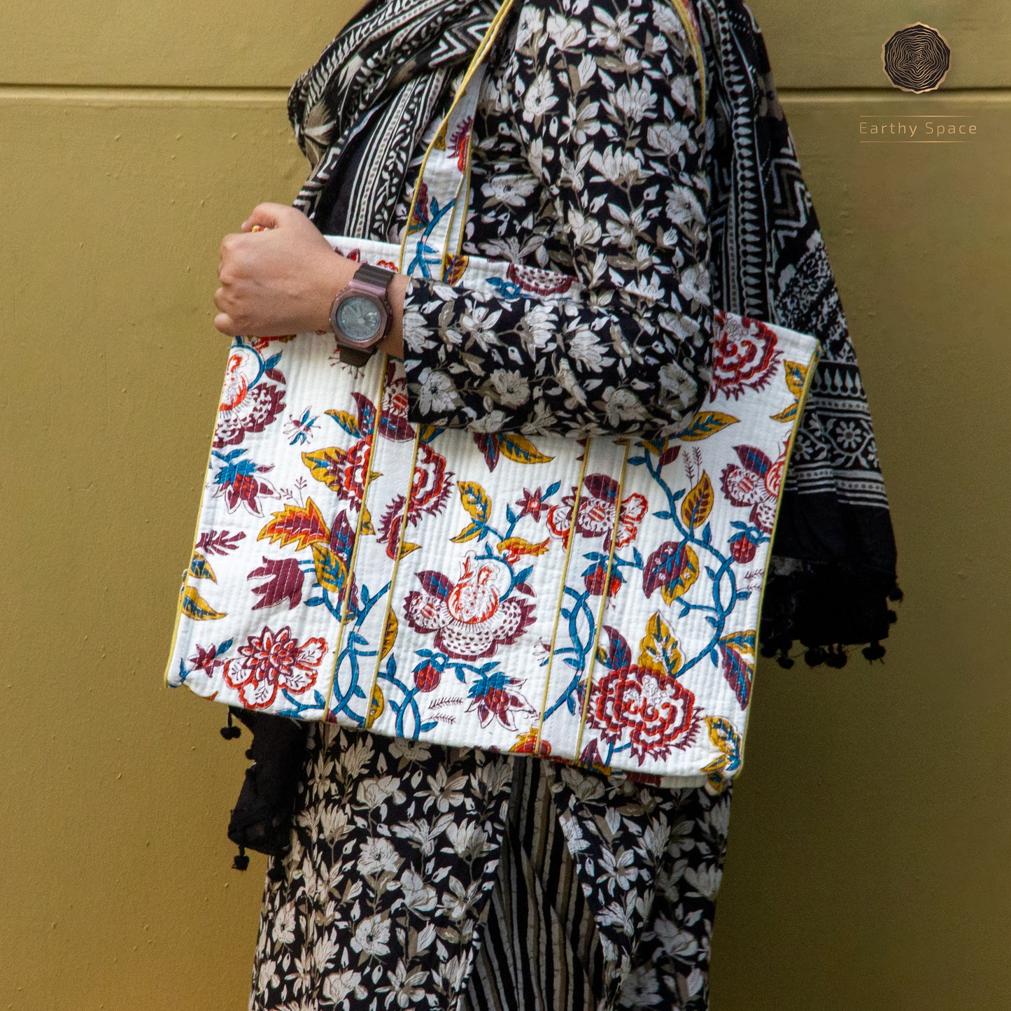 White Lilly - Hand block Printed Tote Bag