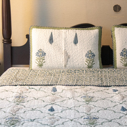 Sage Bloom - Hand Block Printed Quilted Bedspread