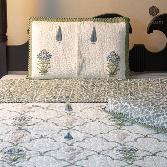 Eden Green Hand Block Printed Quilted Bedspread