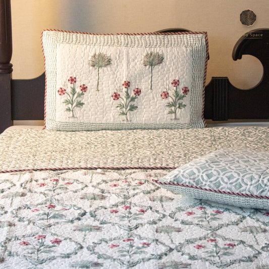 Gardenia Blooms Hand Block Printed Quilted Bedspread