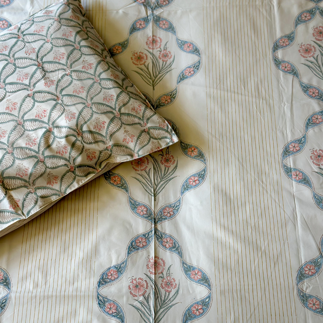 Chrysanthemum Hand Block Printed Beige Bed Sheet
