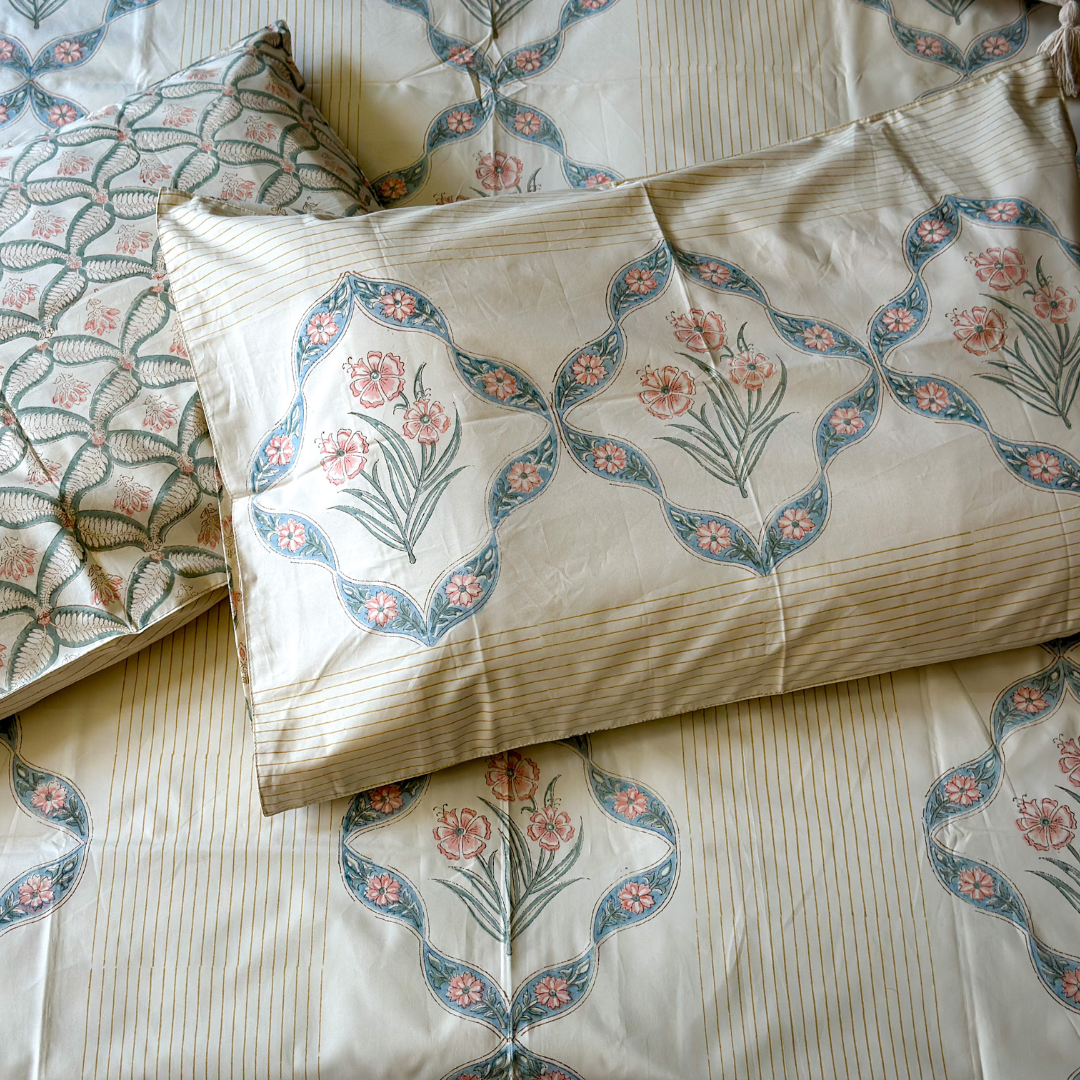 Chrysanthemum Hand Block Printed Beige Bed Sheet
