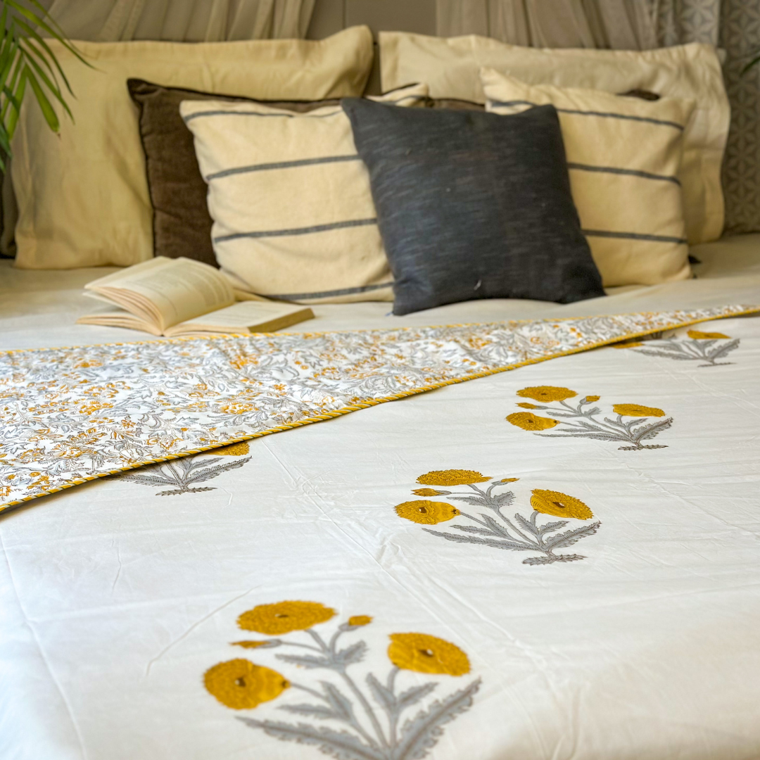 Golden Sunflower Hand Block Printed Reversible Dohar
