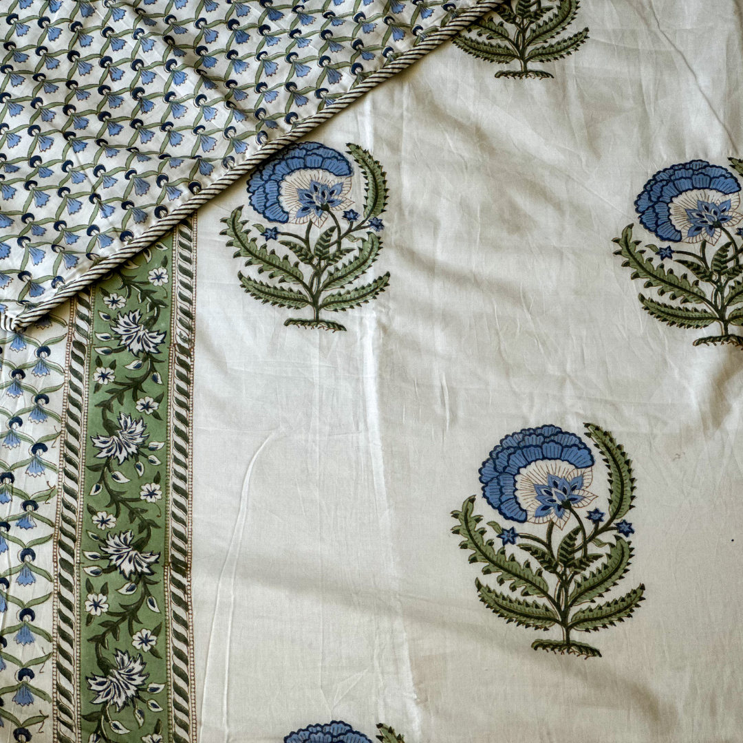 Blue Chrysanthemum Hand Block Printed Reversible Dohar