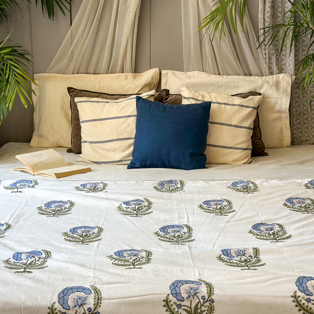 Blue Chrysanthemum Hand Block Printed Reversible Dohar