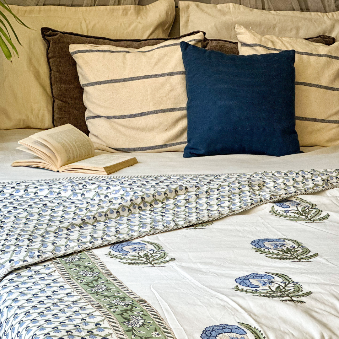 Blue Chrysanthemum Hand Block Printed Reversible Dohar