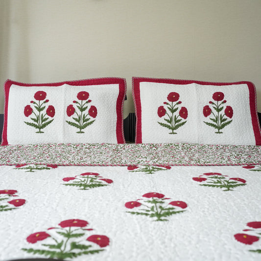 Red Flora Hand Block Printed Quilted Bedspread